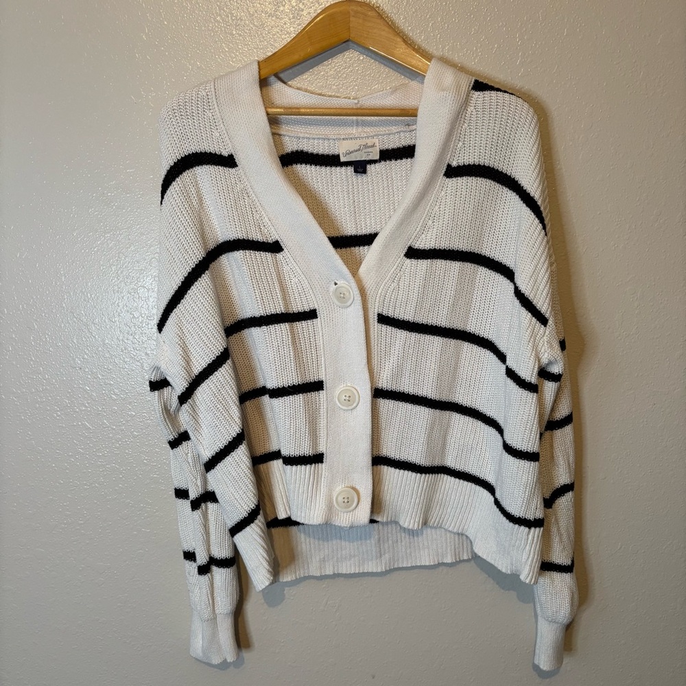 White & Black Striped Knit Cardigan